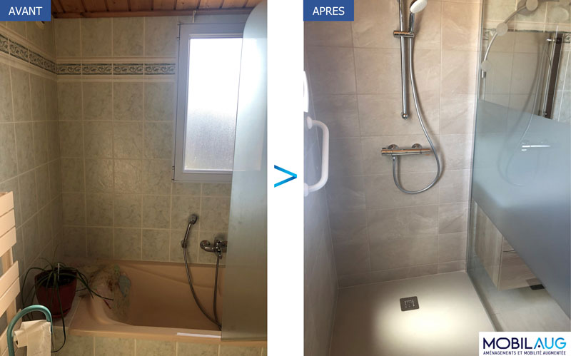 Modification d’une salle de bain Sénior avec le remplacement de la baignoire en douche, la pose d’une barre d’appui tout en modernisant le look !