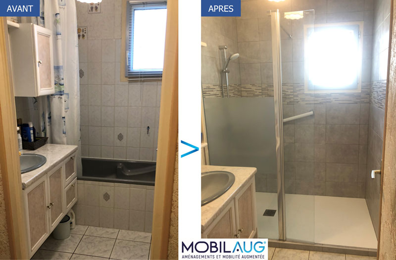 Modification d’une salle de bain Sénior avec le remplacement de la baignoire en douche, la pose d’une barre d’appui tout en modernisant le look !