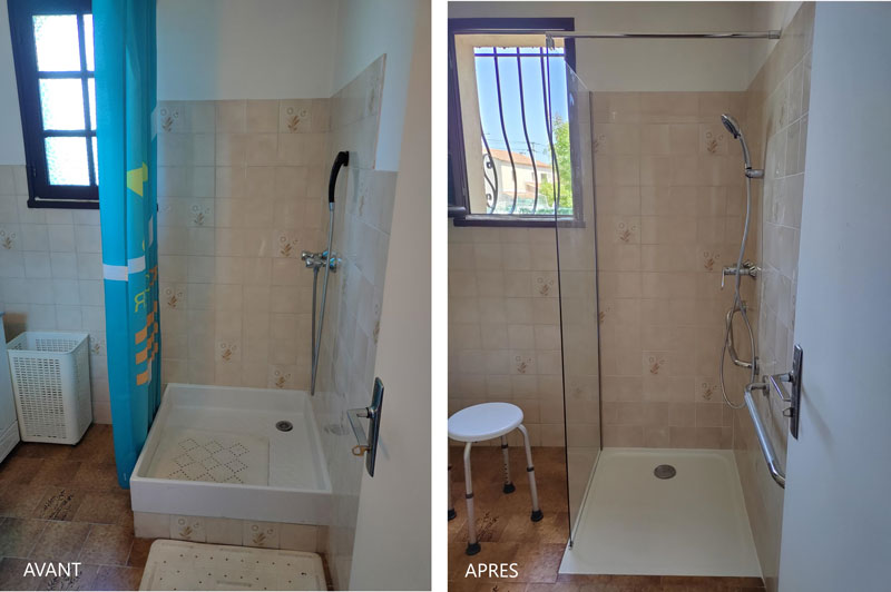 La Ciotat : Transformation de bac à douche avec marche en receveur de douche posé à fleur + rattrapage carrelage mural dans espace douche + pose de barres d'appui horizontale et coudée.